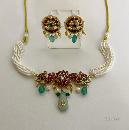 Celestial Teal Kundan Necklace Set-G357400