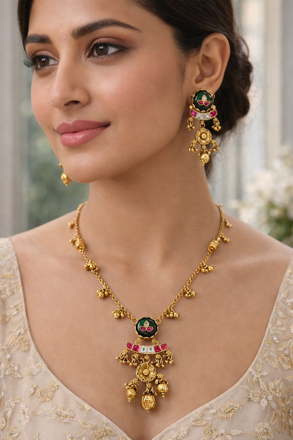 Gold-Plated Jadav Green Onyx Pendent Set