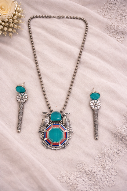 Oxidised Silver-Tone Turquoise Bird Motif Pendant Set-G351100
