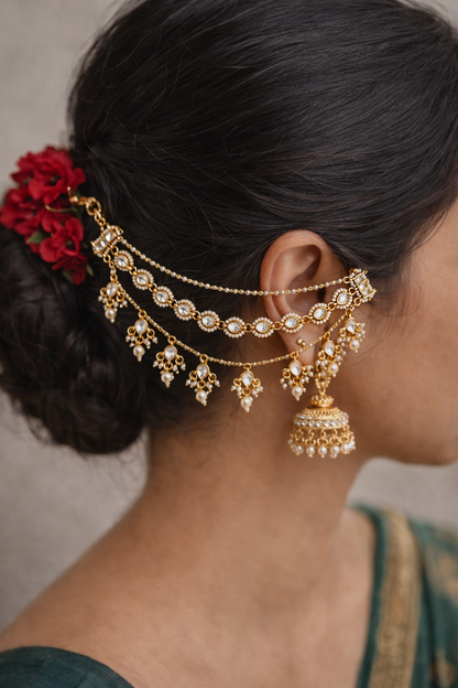 Gold-Toned Kundan & Pearl Ear Chains(Set of 2)