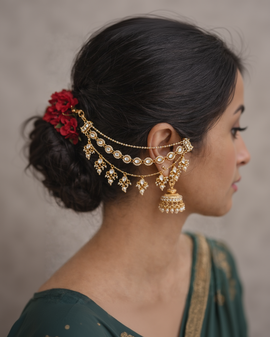 Gold-Toned Kundan & Pearl Ear Chains(Set of 2)-G352800