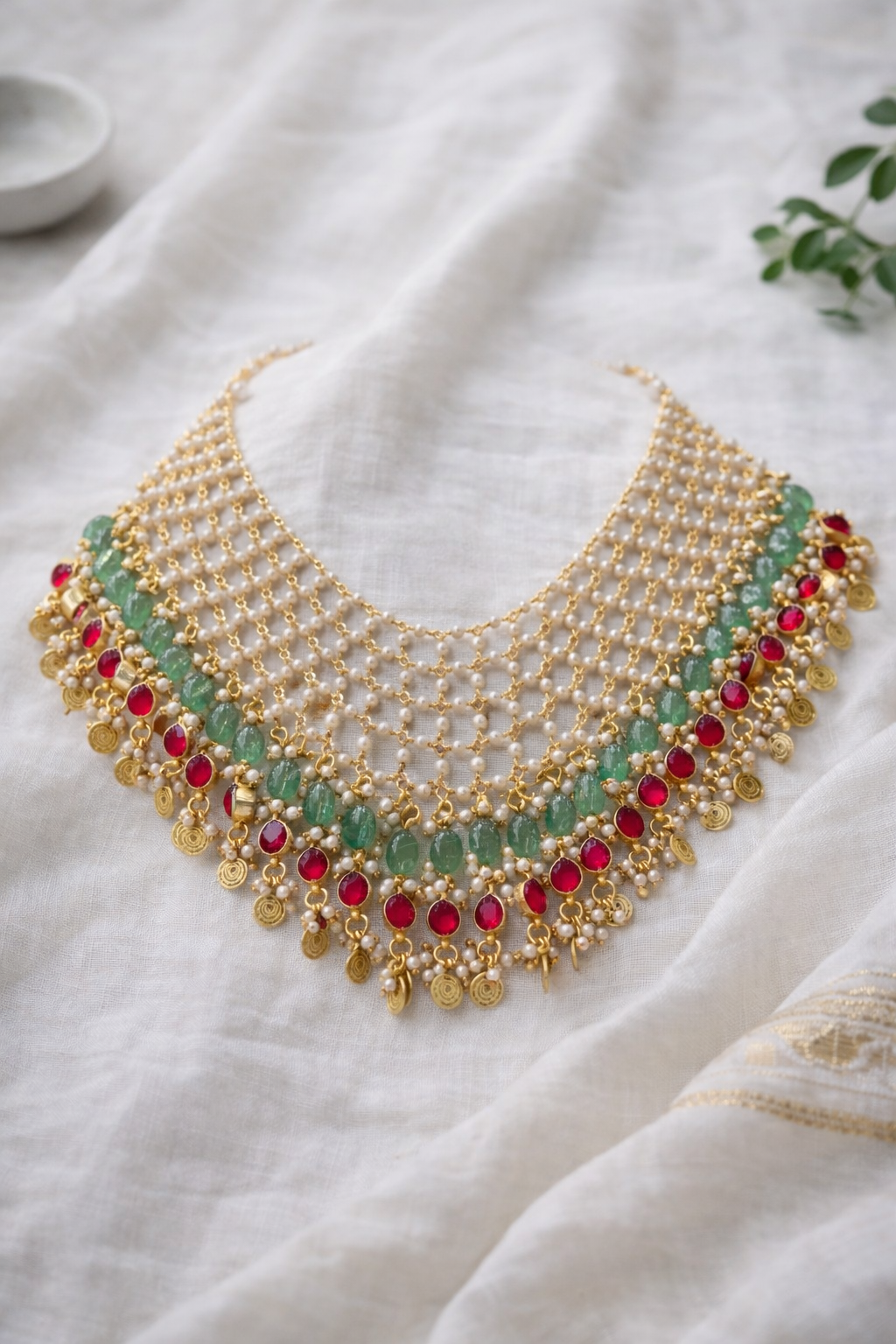Multi-Layered Jadau and Pearl Choker with Gold Coin Drops