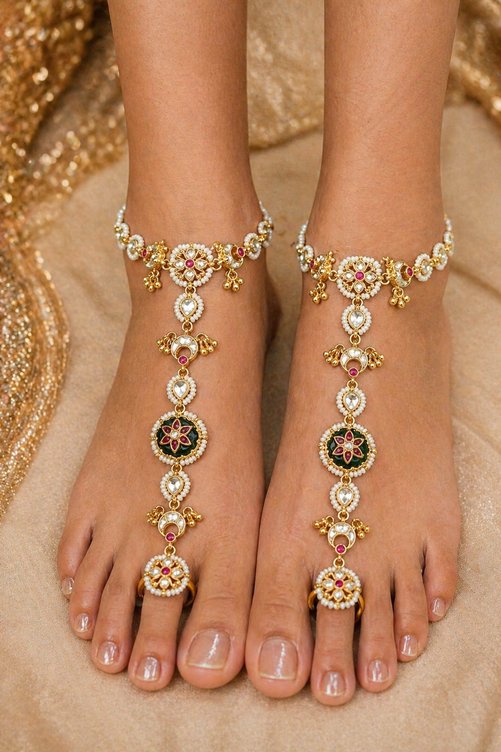 Emerald Green & Kundan Paachi Anklet/Payal (Pair)-G3545800