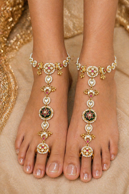 Emerald Green & Kundan Paachi Anklet/Payal (Pair)-G3545800