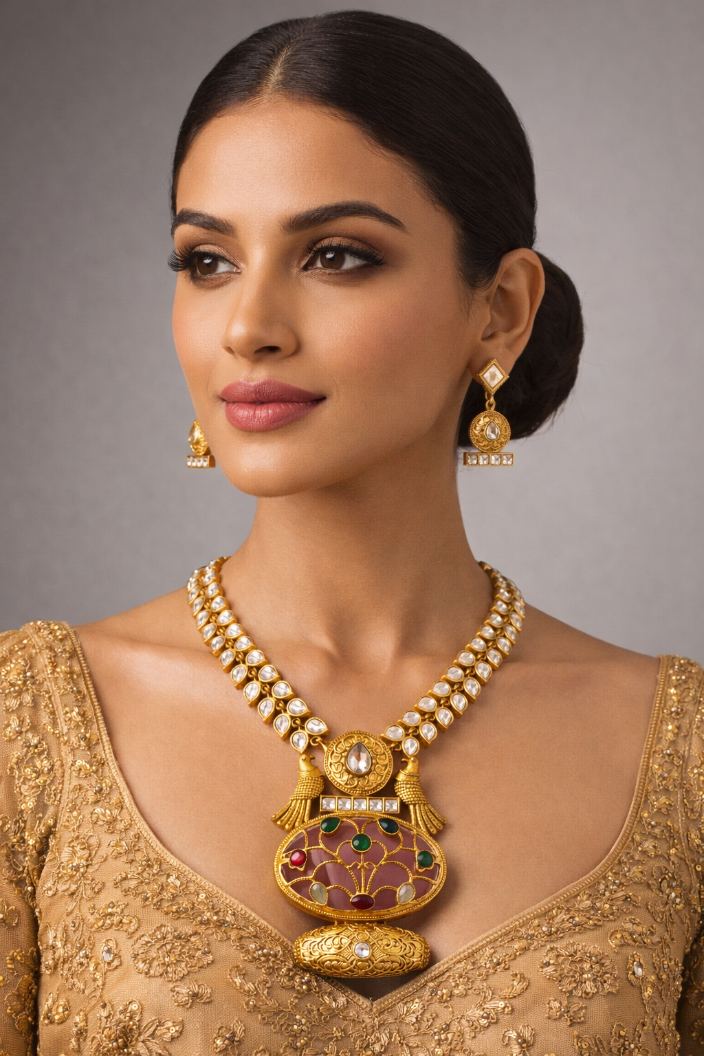 Fusion Kundan Polki Necklace Set Pink-G351800