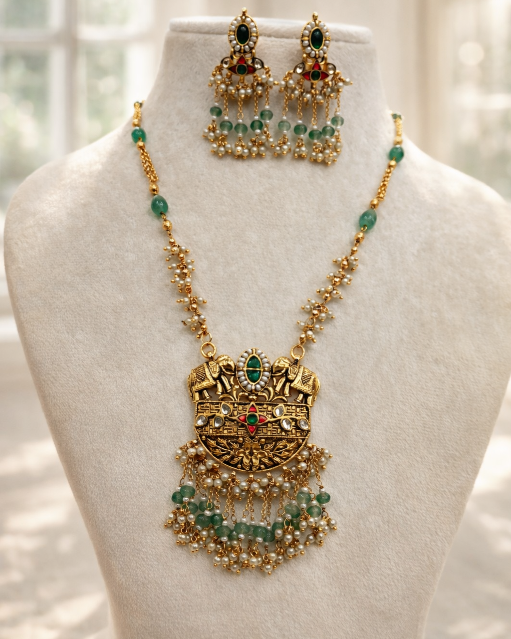 Regal Gold & Green Kundan Elephant Motif Long Necklace Set with Earrings