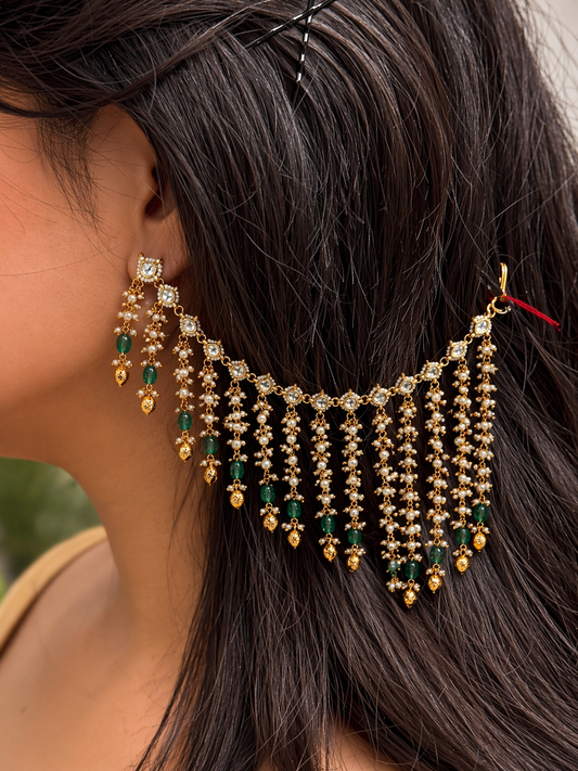 Handcrafted Pearl & Emerald Ear Chains (Sahara/Maatil)-G353600