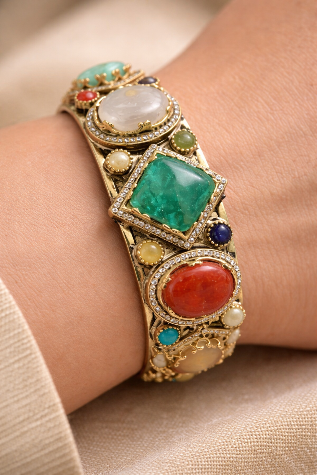 Vintage-Inspired Natural-Gemstone Gold Cuff Bracelet-G352200