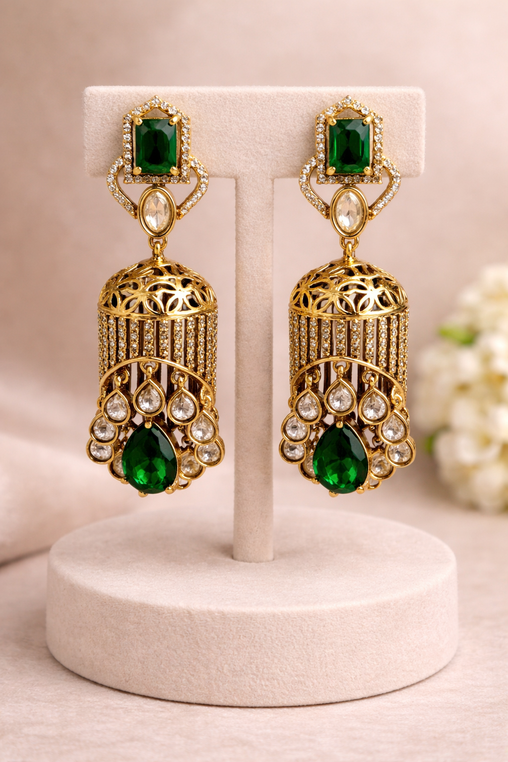 Emerald-Studded filligree Jhumkas