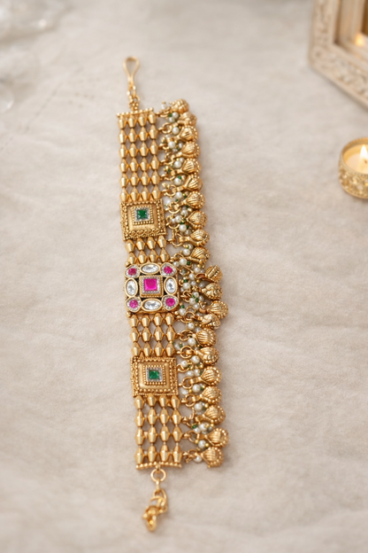 Ethnic Gold Plated Gemstone & Pearl Bracelet