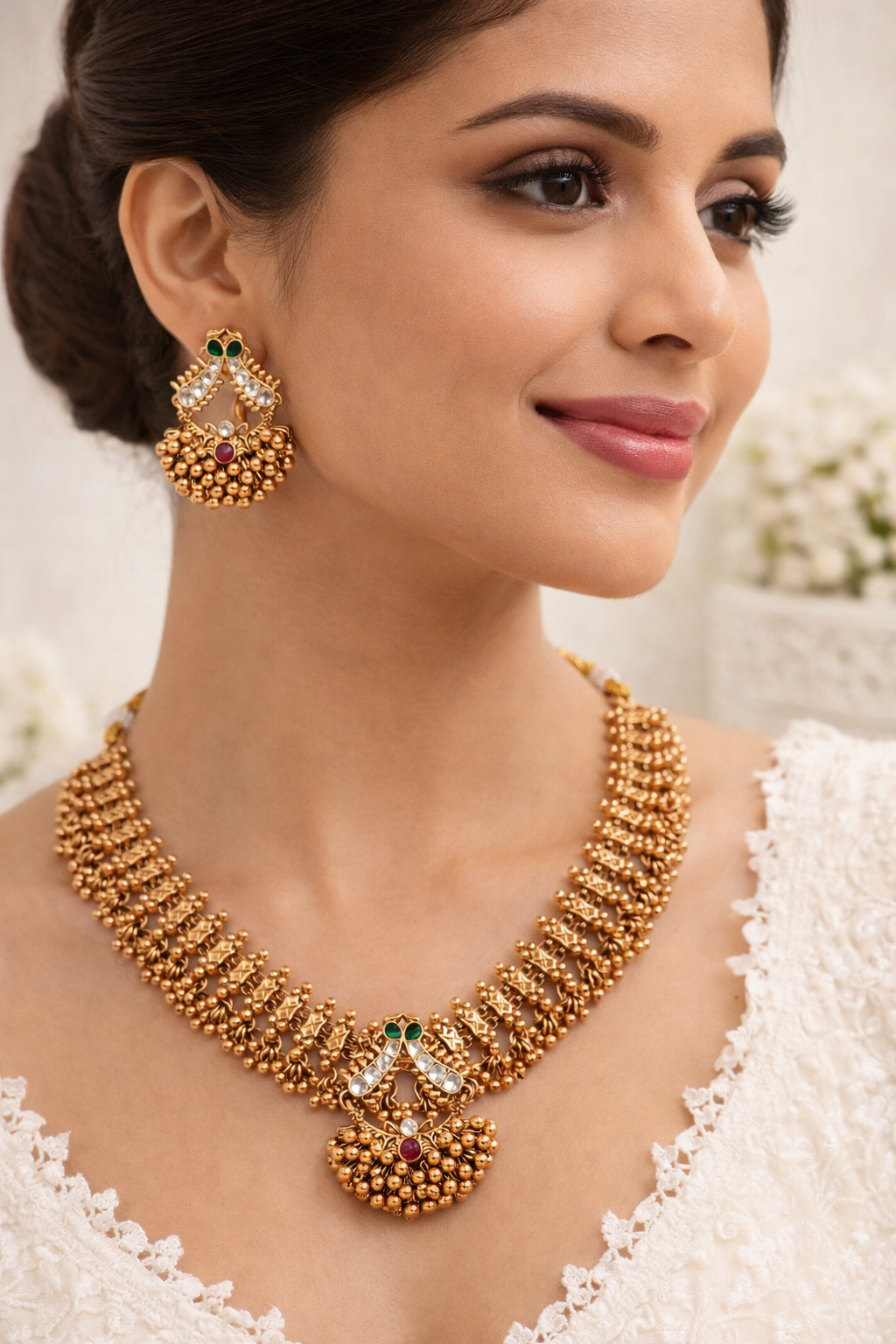 Elegant Gold Finish Flower Design Antique Necklace Set