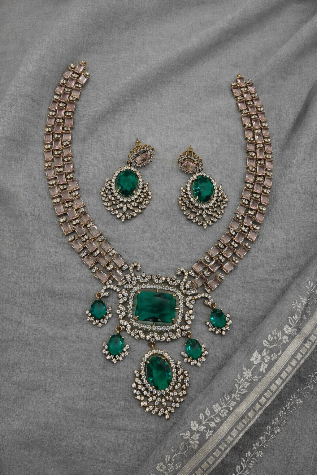 Victorian Emerald & Pink Stone Statement Necklace Set