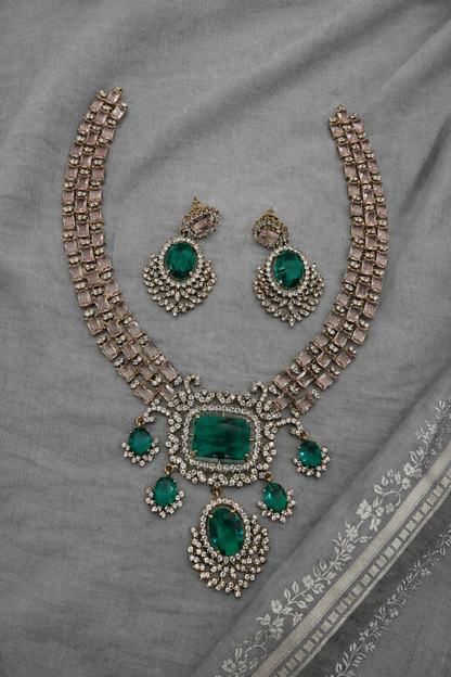 Victorian Emerald & Pink Stone Statement Necklace Set