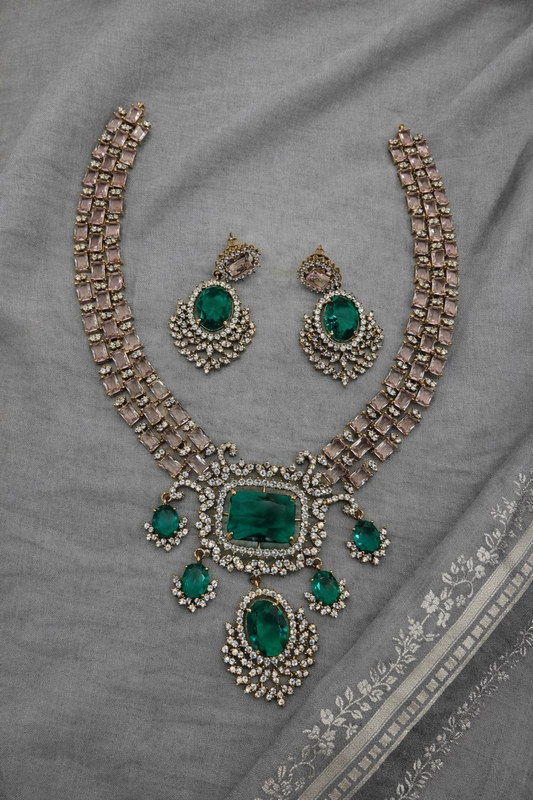 Victorian Emerald & Pink Stone Statement Necklace Set