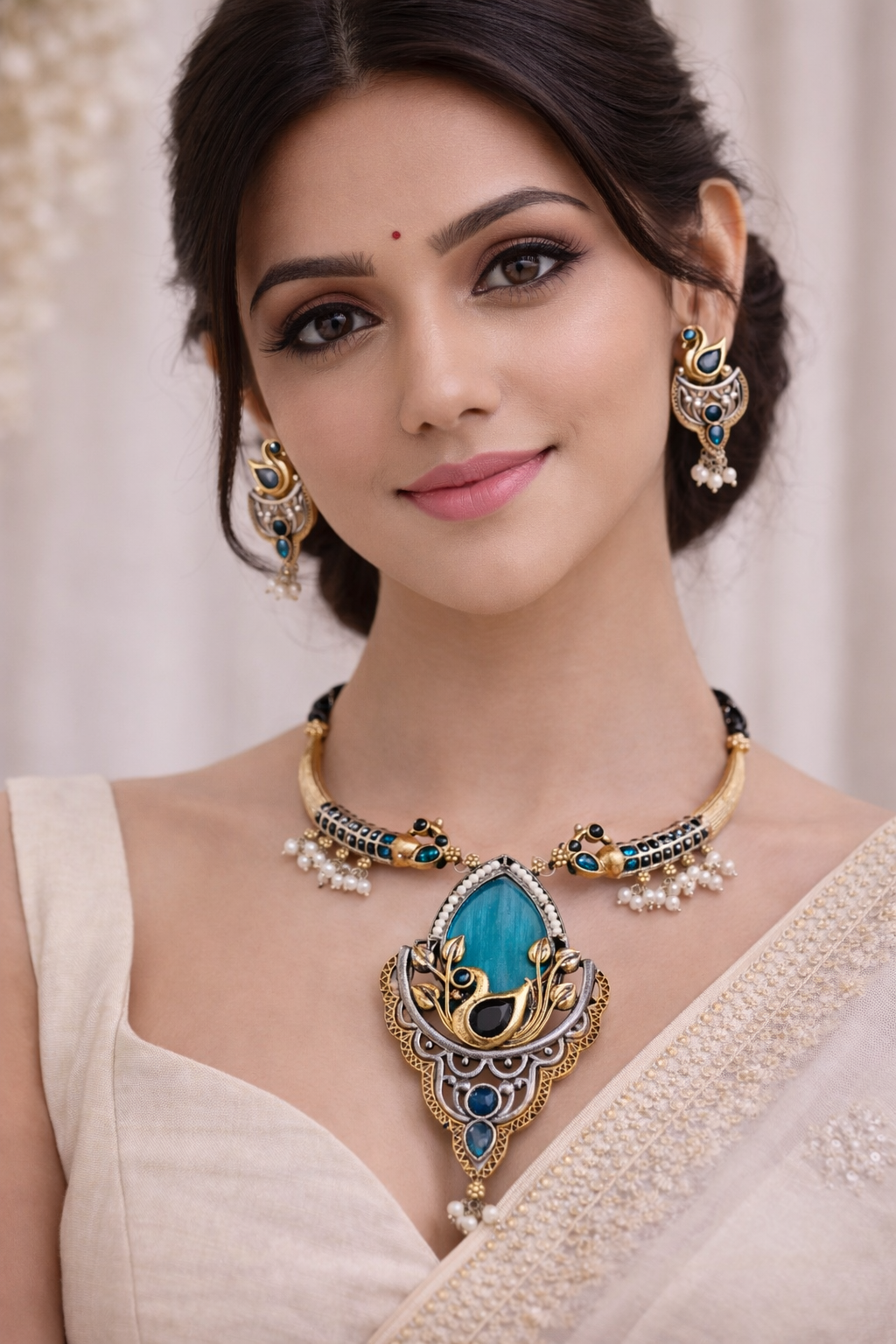 Oxidised Silver Dual-Tone Peacock Motif Necklace Set-G352400