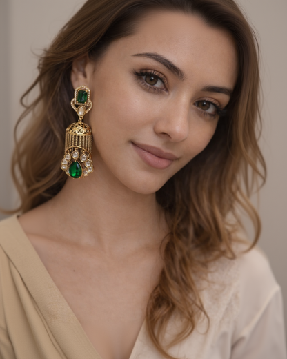 Ornate Gold and Gemstone Jhumka Earring-G351400