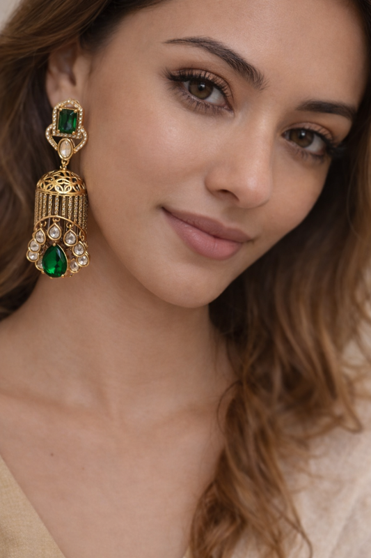 Ornate Gold and Gemstone Jhumka Earring-G351400