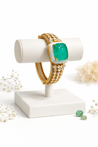 Zamrud Green Stone Kundan Mossonite Cuff Bracelet