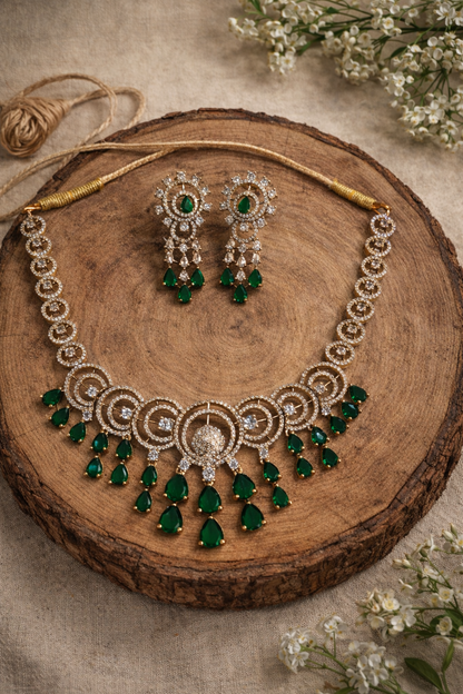 Emerald & Diamond Look Gold-Plated Necklace Set
