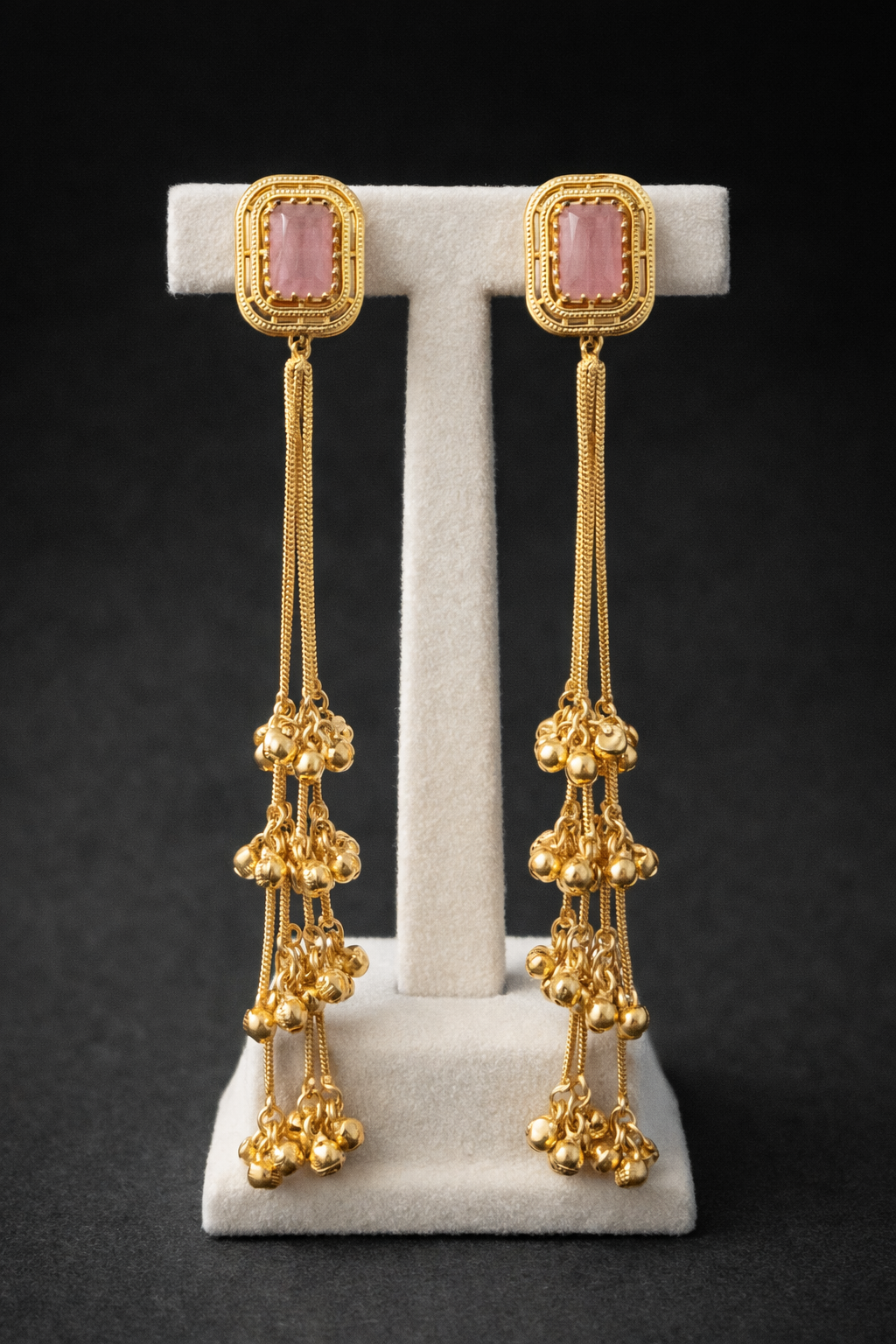 Kashmiri Pink Stone Gold-Toned Drop Earrings-G35800