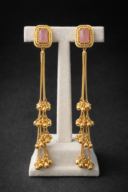 Kashmiri Pink Stone Gold-Toned Drop Earrings-G35800