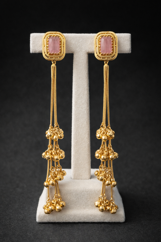 Kashmiri Pink Stone Gold-Toned Drop Earrings-G35800