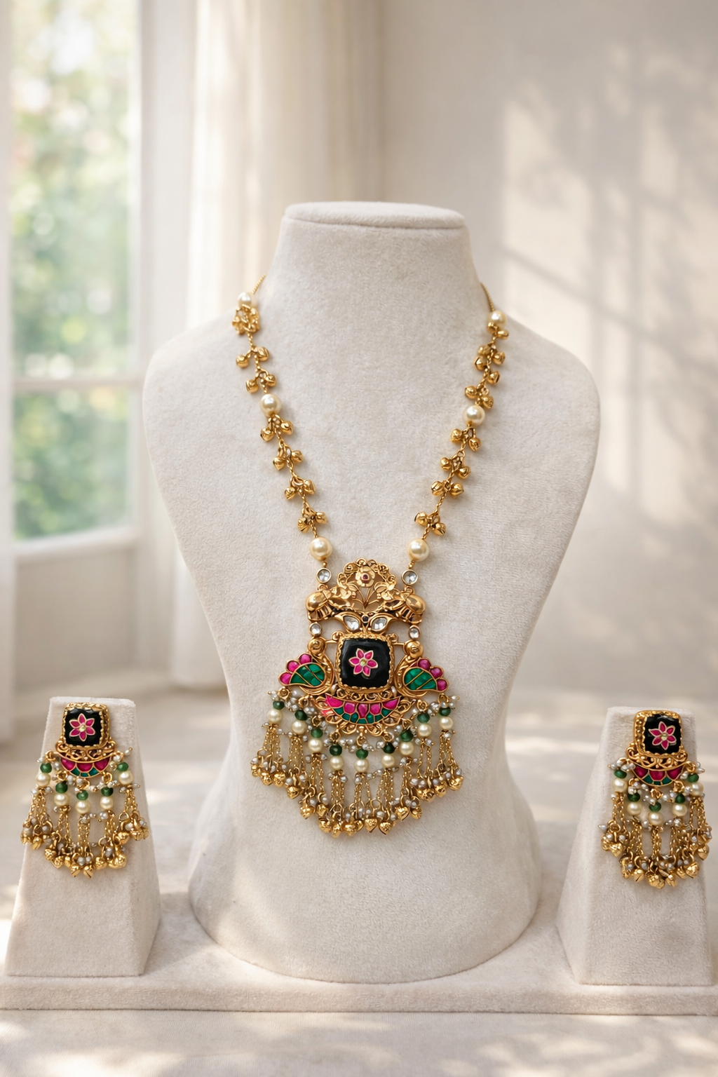 Heritage Style Kundan & Pearl Long Necklace Set with Matching Earrings-G356700