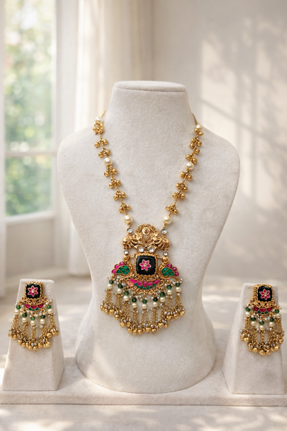 Heritage Style Kundan & Pearl Long Necklace Set with Matching Earrings-G356700