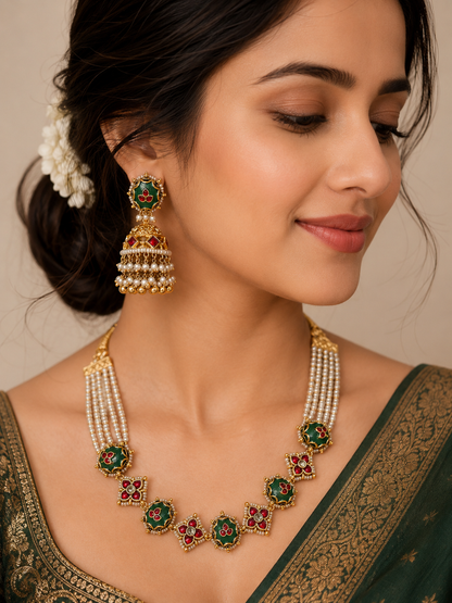 Jadau Kundan & Emerald Pearl Choker Set-G356200