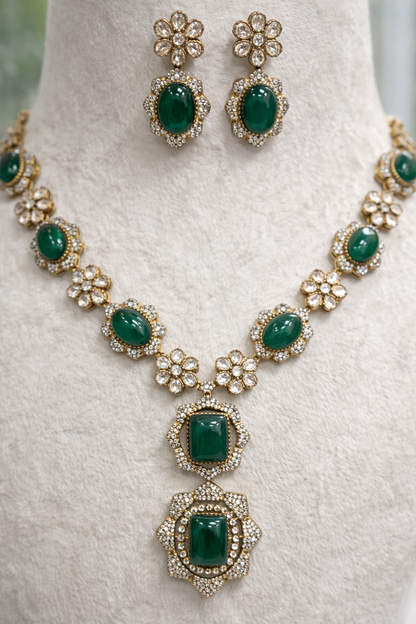Emerald & Kundan Polki Gold Finish Necklace Set