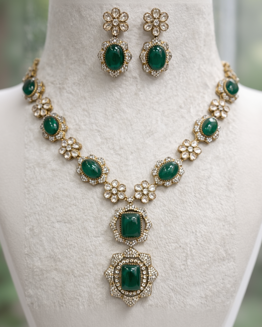 Emerald & Kundan Polki Gold Finish Necklace Set-G3510800