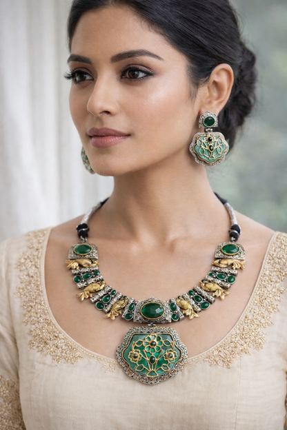 Oxidized Silver & Gold Plated Green Stone Jewellery Set-G352800
