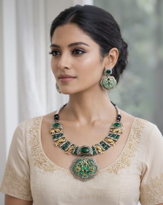Oxidized Silver & Gold Plated Green Stone Jewellery Set-G352800