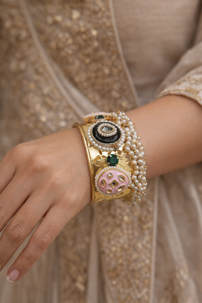Pearl Kundan Fusion Kada Bracelet