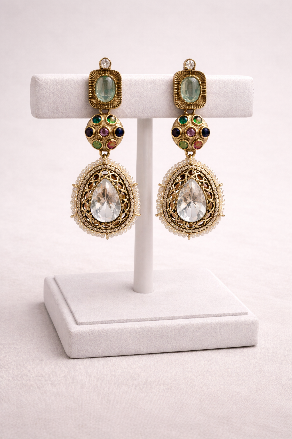 Multi-Stone Kundan Polki Teardrop Earrings-G35900