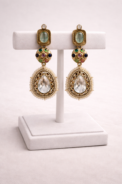 Multi-Stone Kundan Polki Teardrop Earrings-G35900