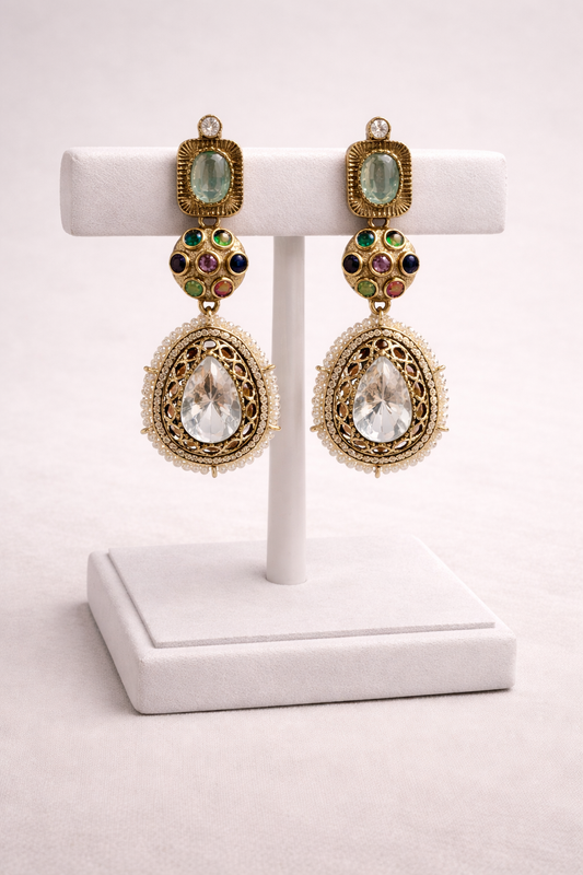 Multi-Stone Kundan Polki Teardrop Earrings-G35900
