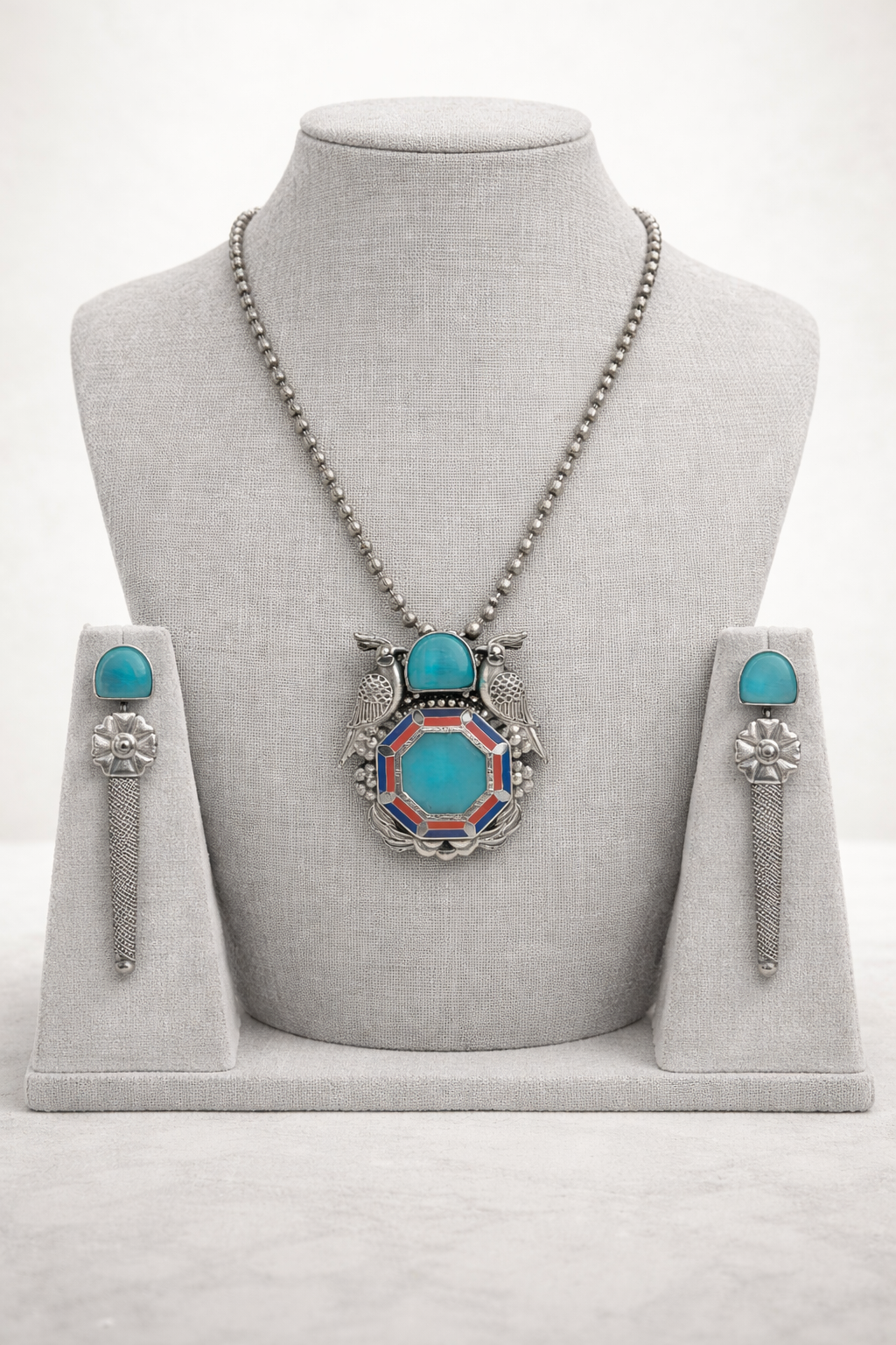 Oxidised Silver-Tone Turquoise Bird Motif Pendant Set-G351100