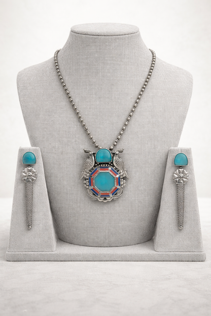Oxidised Silver-Tone Turquoise Bird Motif Pendant Set-G351100