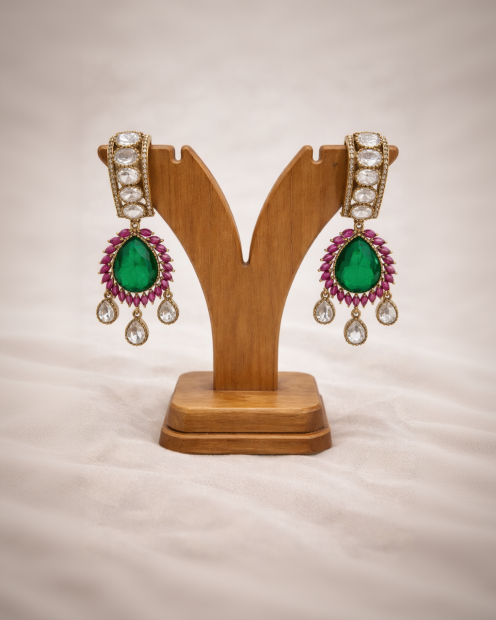 Ruby Green Finest Polki Kundan Indian Bridal Dangle Earrings-G351500