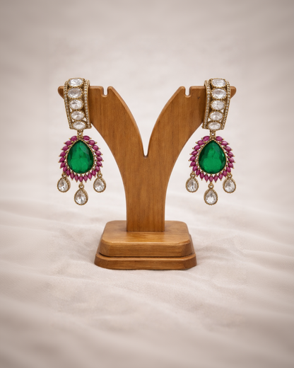 Ruby Green Finest Polki Kundan Indian Bridal Dangle Earrings-G351500