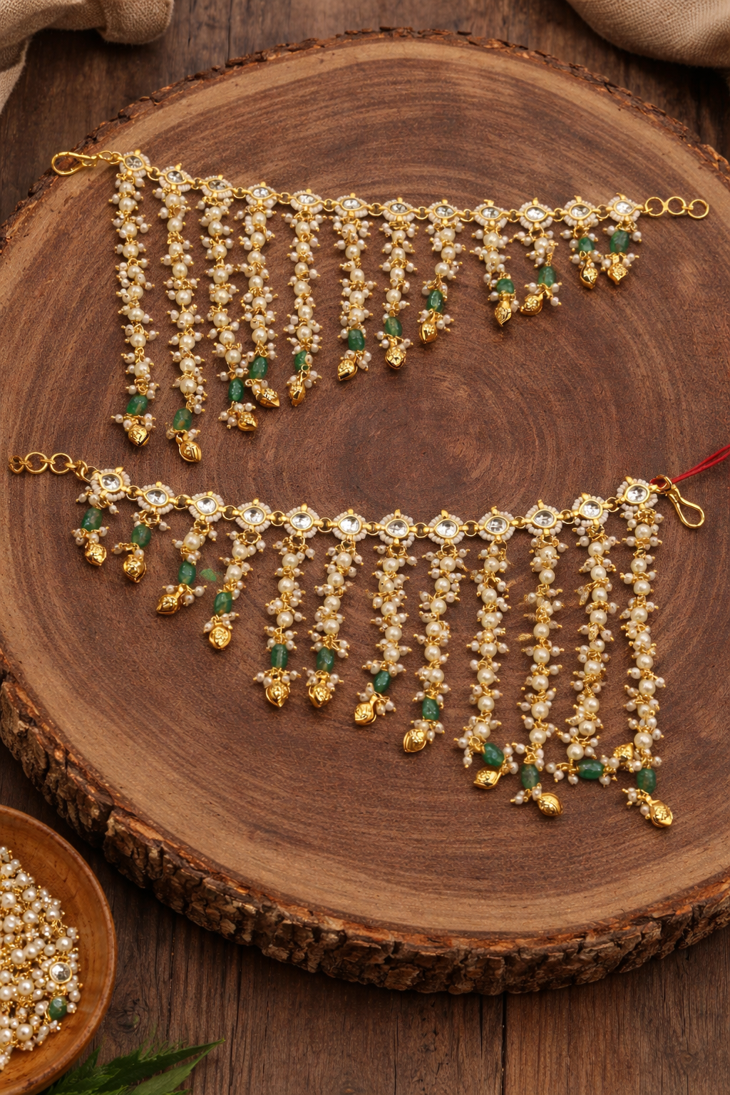 Handcrafted Pearl & Emerald Ear Chains (Sahara/Maatil)-G353600