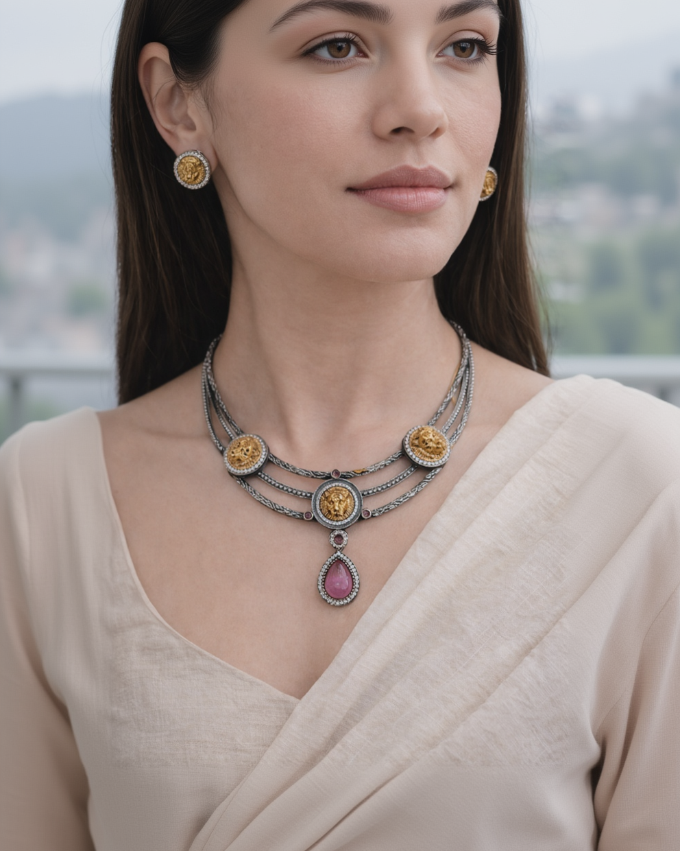 Oxidized Silver & Sabaysachi Choker Necklace Set-G351800