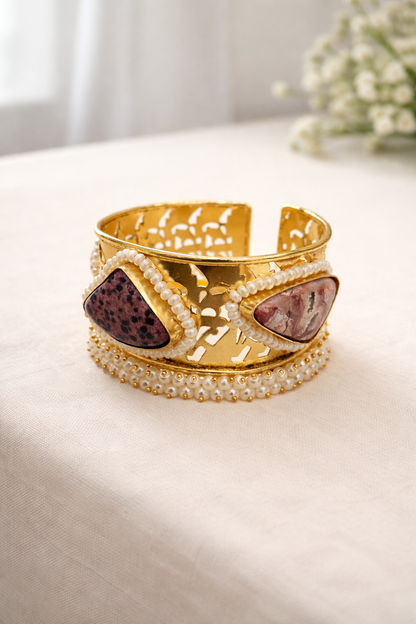 Marble Stone & Pearl Kundan Fusion Kada Bracelet