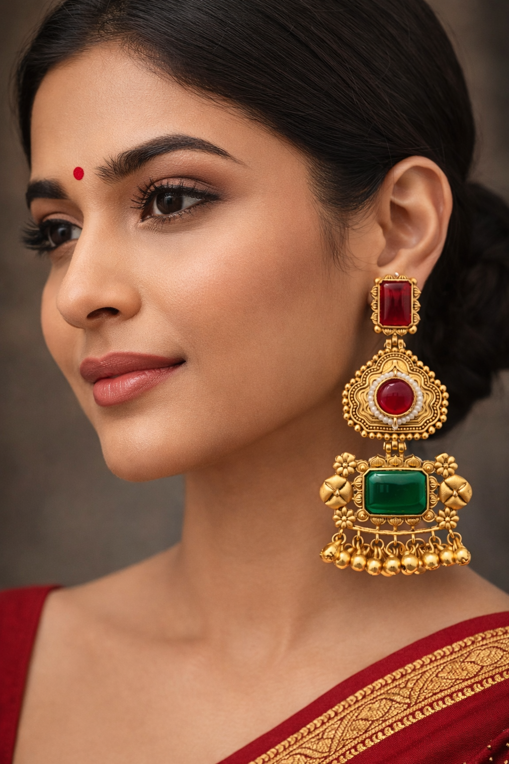 Antique Gold-Plated Drop Earrings with Red & Green Stone-G351100