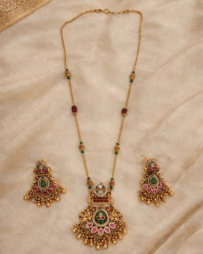 Heritage Kundan Style Long Pendant Set with Matching Earrings-G352700