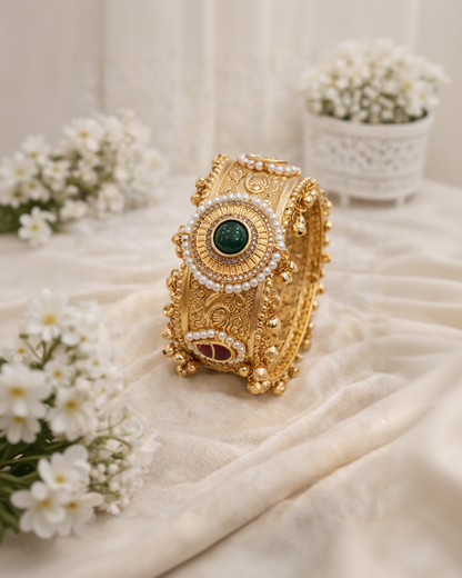 Vintage-Inspired Pearl & Gemstone Golden Kada Bangle-G351500