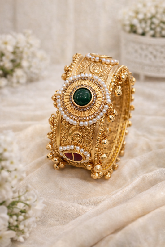 Vintage-Inspired Pearl & Gemstone Golden Kada Bangle
