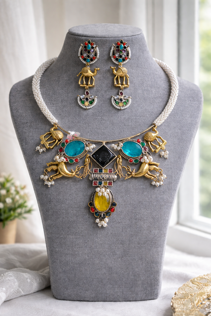 German Silver & Gold-Tone Animal Motif Hasli Necklace Set-G353500
