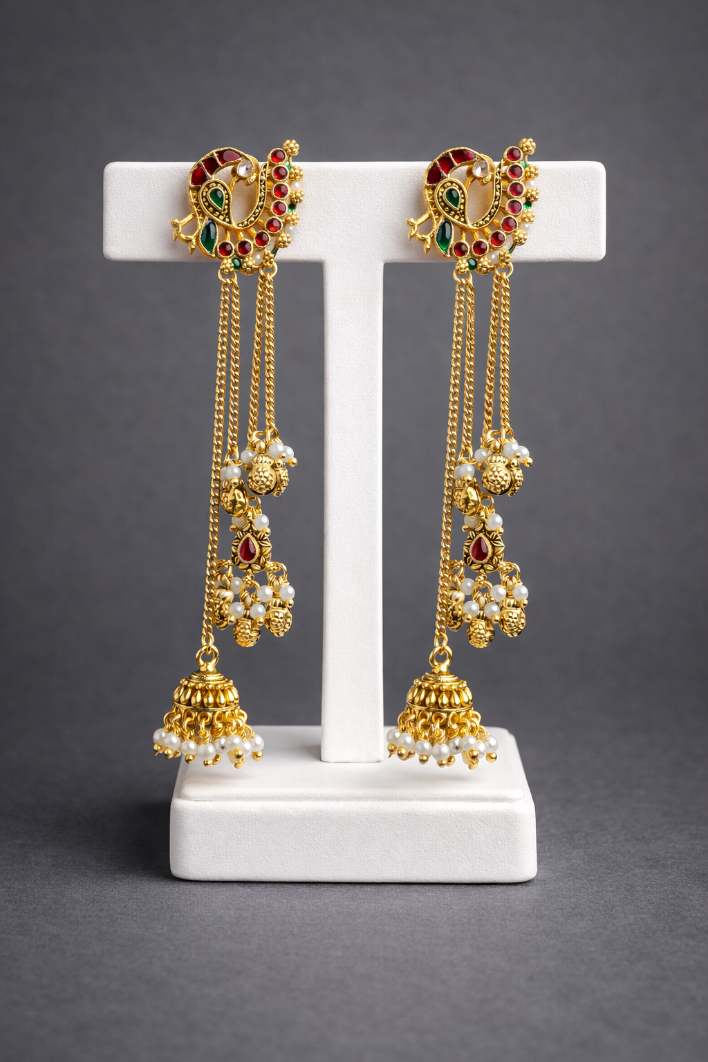 Long Kashmiri Peacock Jhumka with Multi-Chain Earrings-G352800